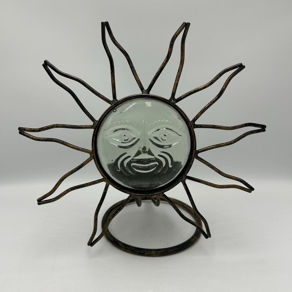 Vintage 90s Celestial Sun Face Candle Holder Wrought Iron Glass Bronze Green
